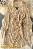 Sexy Sequins Glitter Mini Party Dress for Women Fashion Spring Solid V-neck Long Lace-up Sash A-line Short Club