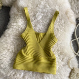Pit Knitted Vest V-Neck With Solid Color High-Rise Bare Back Street Short Sling