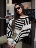 Women Fashion Striped Casual Knitting Sweater Autumn Female Chic O Neck Pullover Hollow Out Tops
