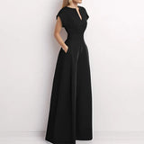 Women's Loose Fashion Elegant Short-Sleeved V-Neck Solid-Colored Broad-Legged Jump-Legged