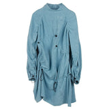 Women Blue Drawstring Pleated Big Size Dress New Stand Collar Long Sleeve Loose Fit Fashion Tide Spring Autumn 2023