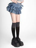 Belts Y2k Pleated Denim Skirt Women Sexy Egirl Double Layer Ruffle Patchwork High Waist Jean Skirt Shorts Punk