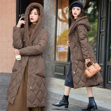 2024 New Diamond Lattice Loose Waist Down Cotton-Padded Coat Female Long Money Over The Knee Thick Cotton-Padded Jacket Winter Cotton-Padded Coat-Outfit