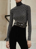 Fashion Women's T-Shirt Sexy Slim High Neck Long Sleeve Rhinestones Diamond Black Hollow Out Tops Autumn 2023 New