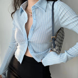 2021 Autumn Vintage Plaid Shirt Women Slim Cardigan Crop Top Long Sleeve Korean Style Fashion Green Blouses