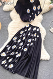 Print Women T Shirt Suit Top + Midi Long Large Swing Pleated Skirt Set For Woman Summer Clothing fashion Two Piece