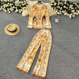 Fashion Positioning Print Strapping Belt Collar Long Sleeve Top Female High-Waist Broad Leg Straight Trousers