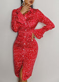 Elegant Print Turndown Collar Button Long Sleeve Midi