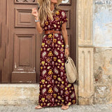 Long Maxi Dresses Women V Neck Fashion Paisley Print Sundress Belt Hem Casual Elegant Robe Femme Vintage Beach