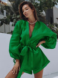 Sexy Green V-Neck Women Jumpsuits Elegant Loose Lace-Up Long Sleeve Linen One Piece Shorts Jumpsuit Female Clothing
