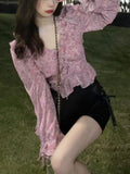 Summer Floral Elegant Blouse Women Outwear Korean Style Casual Chiffon Shirts Office Lady V-Neck Long Sleeve Y2k Crop