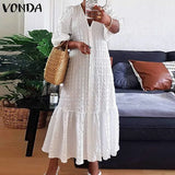 Summer Shirt Dress Women Casual Half Sleeve V Neck Button Down Pleated Long Dresses VONDA Ladies 2022 Bohemian Vestidos