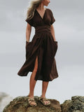 Summer New Women's Dress Fashion Retro Cotton Linen Short Sleeve Lace Up Waist V-neck Pocket Large Swing Fork Women's