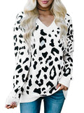 Autumn Winter New V-Neck Pullover Long Sleeve Top Crochet Knitting korean style Leopard Jacquard Women's Blouses