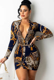 Print Retro V-Neck Mini Bodycon