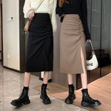 Spring and Autumn New Korean Style High Waist Fold Mid-length Side Slit A-line Skirt Female Black Temperament