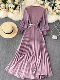 Vintage Women Pleated Long Dress Female Elegant Lantern Long Sleeve High Waist Red/Purple Draped Maxi Vestidos Spring Autumn
