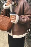 Women Faux Leather Fur Coats Sheep Leather Shearling Jackets Lady's Fashion Long Sleeve Zipped Outerwear Fall Winter Warm