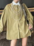 Fashion Women Shirt Spliced Lapel Flare Sleeves Loose Pearl Necklace Single Breasted Khaki Blouses Autumn 2023 New