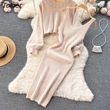 Winter Women Knitted Sets Fashion Breading Long Sleeve Pearl Sweater+Knitted Camis Dress Sets Fashion Sweater