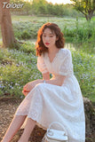 Women Summer White Floral Lace Hollow Out V-Neck Casual Dresses Elegant Single-breasted Short Sleeve Fashion Female