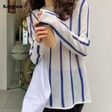 Korean Style Blue Striped Long Sleeve T Shirt Knitted Mesh Tops See Through Sexy Tee Shirt Loose Oversized Fall