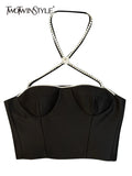Patchwork Diamond Camis For Women Halter Collar Sleeveless Solid Minimalist Vests Female Summer Clothing Style