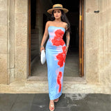 Toloer Women's New Sexy Strapless Print Bag Hip Slit Dress Children By The Sea-Outfit