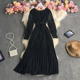 New Spring Autumn Temperament V-Neck long sleeve Dress high waist lace up waist solid color long A-line Pleated