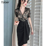 Women Evening Dress Chic Lace Black Formal See Through Sexy V-Neck Folds Slim Midi Party Club Lady Femme Mujer