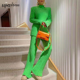 Free Shipping Cotton Casual Women Knitted Two Piece Sets Women's Slim Outfits Striped Turtleneck Sweater And Elastic Pant