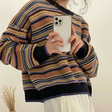 Striped Sweater Women Long Sleeve Jumpers Knit Knitted Sweater Streetwear Vintage Pullovers Loose Short Sweater Pull