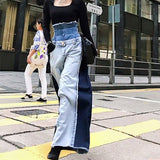 Casual Denim Patchwork Women Trousers High Waist Hit Color Large Size Wide Leg Pants Female Fashion Autumn 2023