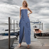 Toloer 2024 New Street Hipster One-Word Shoulder Retro Design Sense Strapless Dress Female Slit Long Skirt-Outfit