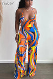 Color Block Print Rompers Spaghetti Strap Open Back Sleeveless High Waist Wide Leg Jumpsuits for Women Fashion