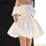 Neck Elegant Party Dress for Women Ruffles High Waisted Mini Bodycon Dress Female Short Sleeve Runway White Clothing