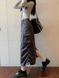 Grunge Cargo Skirt Long Women Acubi Fashion High Waist Drawstring Vintage Y2k Pocket Patchwork A-line Skirt