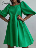 Party A-line puff short sleeve ruffle women dress summer Office green high waist mini dress summer White purple mujer