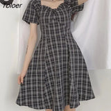 Women Short Sleeve Black Plaid Knee Length High Waist A-line Square Collar Girls Sweet Harajuku Streetwear Summer