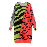 Women Printed Big Size Orange Knitting Dress New Round Neck Long Sleeve Loose Fit Fashion Tide Spring Autumn 2023