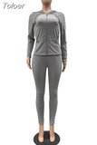 Two Piece Set Women Long Sleeve Hooded Zipper Pockets Workout Jacket and Fitness Legging Active Wear Stretchy Slim