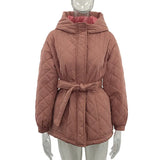 CP Casual Loose Arygle Hooded Parkas Women Fashion Solid Thick Short Coats Women Elegant Tie Belt Cotton Jackets Female