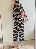 Loose Striped Colorblock Two Piece Set Womens Lapel Short Sleeve Shirt High Waist Wide Leg Pants Sets Female