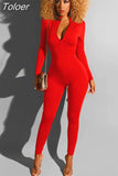 Casual Zipper Up Rompers Womens Jumpsuit Deep V Neck Full Sleeve One Piece Overall Casual Workout Skinny
