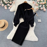 Fashion Vintage Sweater Two Pieces Sets Women Knit Cardigan+Midi Camis Dress Autumn Streetwear Loose Knitted