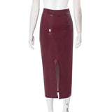 Bodycon PU Leather Zipper Split Midi Skirt-Outfit