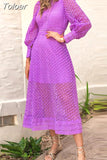 Vintage Solid Dress For Women Round Neck Lantern Sleeve Patchwork Embroidery High Waist Midi Dresses Female Autumn