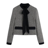 2022 Bow Tweed Blazer Women Vintage Cropped Jacket Woman Rhinestone Button Elegant Female Blazer Long Sleeve Jacket