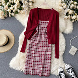 Autumn Plaid Knitted Two Pieces Suits Women Long Sleeve Knit Cardigan+Slim Short Camis Dress Sweater Dress Sets