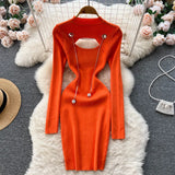 Hollow Out Sexy Sweater Dress Temperamant Fashion Chain Long Sleeve Slim Ladies Autumn Korean Elastic Knitted